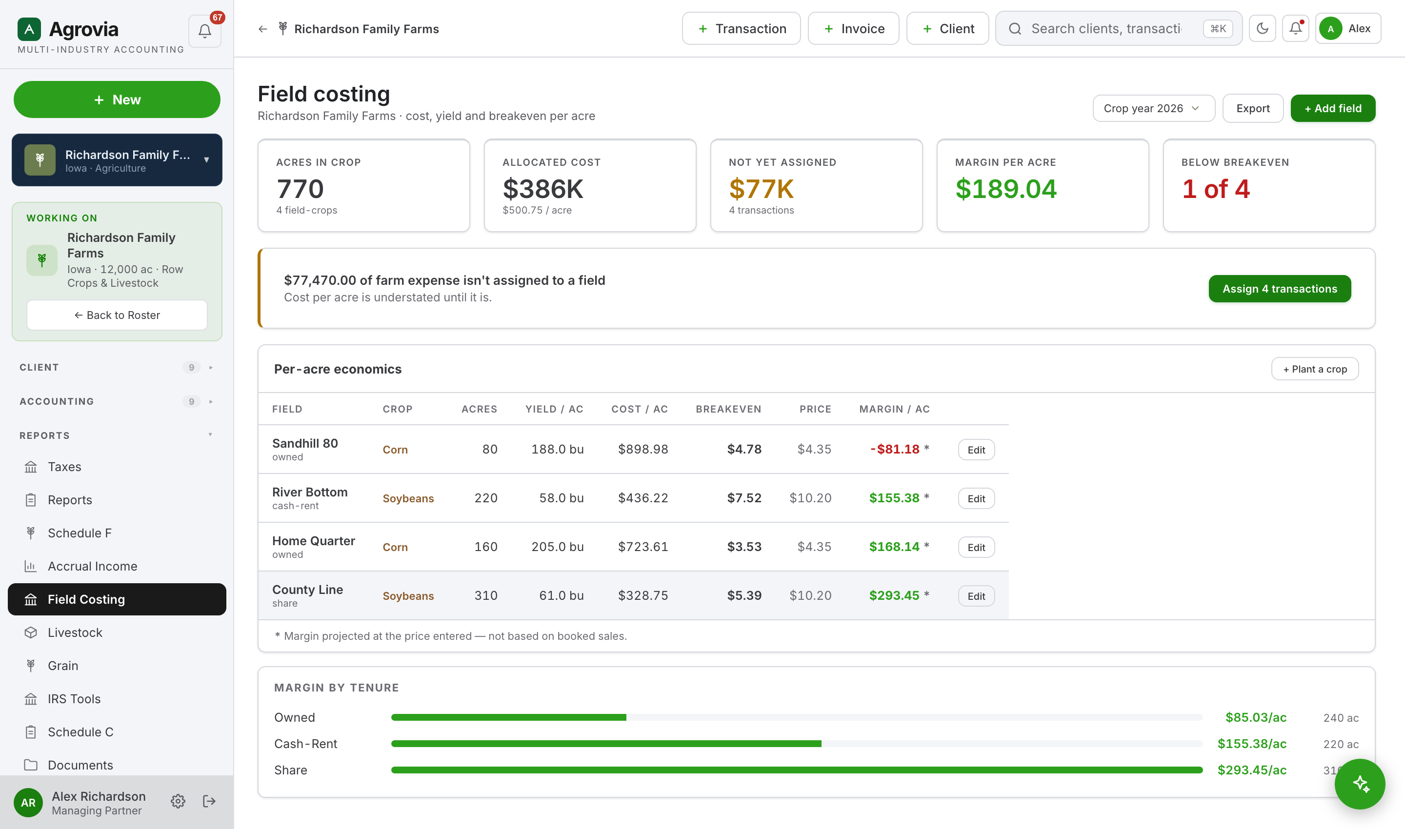 Agrovia field costing — cost, yield and breakeven per acre by field and crop